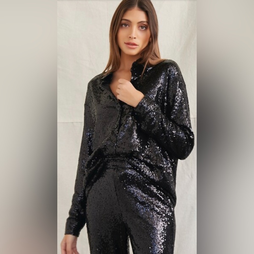 Sequin Button Up Shirt Matching Sequin Pants Nwot - image 1